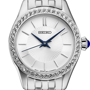 Ladies Crystals Stainless Steel Seko Watch with White Dial