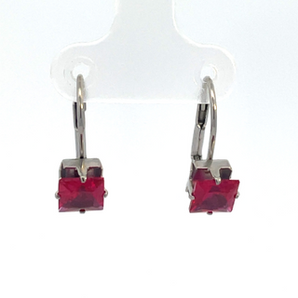 Sterling Silver 6X6MM Leverback Red CZ Drop Earrings