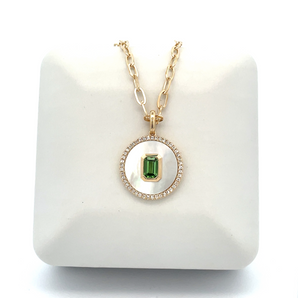 14k Yellow Gold Mother of Pearl and Green Garnet Necklace