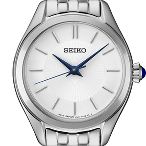 Ladies Essentials Stainless Steel Seiko Watch with White Dial and Blue Hands