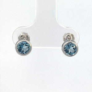 14K White Gold 5MM Bezel Blue Topaz Stud Earrings