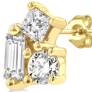 1/6 ctw Petite Tri-Stone Scatter Princess, Baguette & Round Cut Diamond Fashion Stud Earring in 10K Yellow Gold