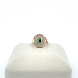 14k Yellow Gold Mother of Pearl and Green Garnet Ring