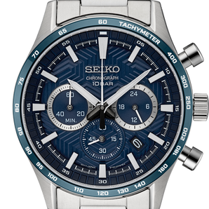 Gents Essentials Stainless Steel Chronograph Seiko Watch with Blue Dial