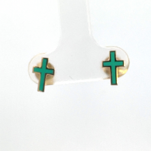 14K Yellow Light Turqoise Enamel Cross Stud Earrings