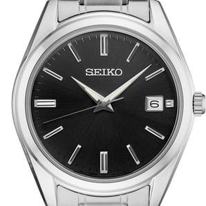 Mens Stainless Steel Essentials Quartz Seiko Dress Watch with Black Dial