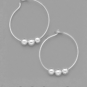 Sterling Silver 3 Bead Medium Hoop Earrings