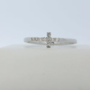 10K White Gold Stackable Sideway Cross Petite Diamond Fashion Ring