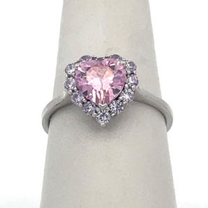 Sterling Silver Pink CZ Heart with Halo Ring