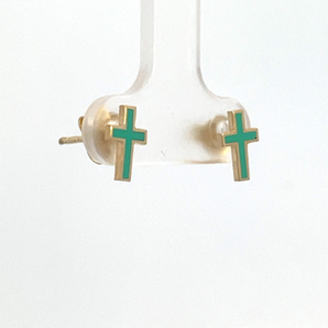 14K Yellow Light Turqoise Enamel Cross Stud Earrings