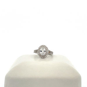 14k White Gold Engagement Ring with Cubic Zirconia Oval Center and Double Halo