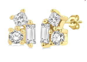 1/6 ctw Petite Tri-Stone Scatter Princess, Baguette & Round Cut Diamond Fashion Stud Earring in 10K Yellow Gold